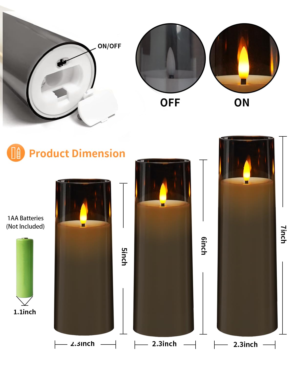 Flickering Flameless Candles Battery Operated Plexiglass Candles Pack of 9 (Grey)