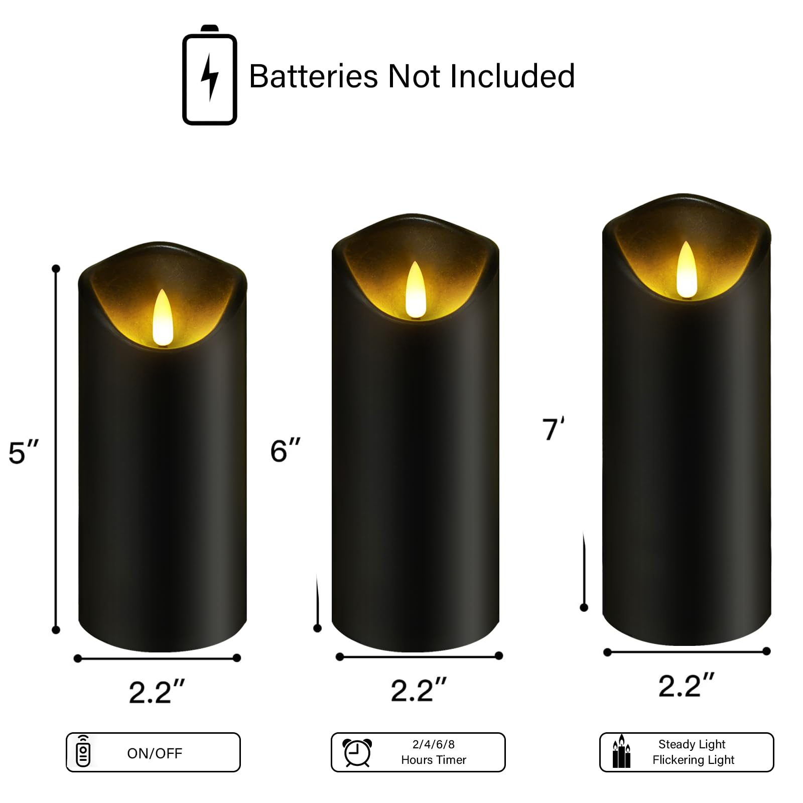 Flickering Flameless Candles, Battery Operated, Set of 9 (Black)