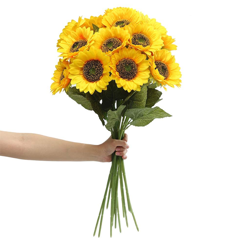 Artificial Sunflowers Long Stem 6PCS Dark Center Indoor/Outdoor