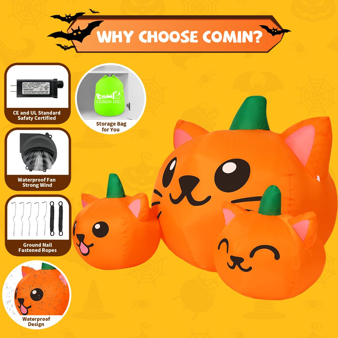 5FT Long Three Pumpkin Cat Head Combo with Built-in LEDs
