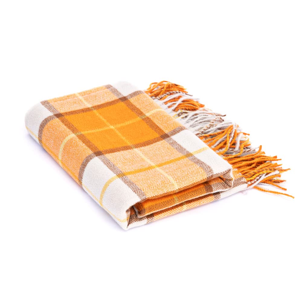 Decorative Faux Cashmere Throw Blanket - Classic Orange Plaid Fringe