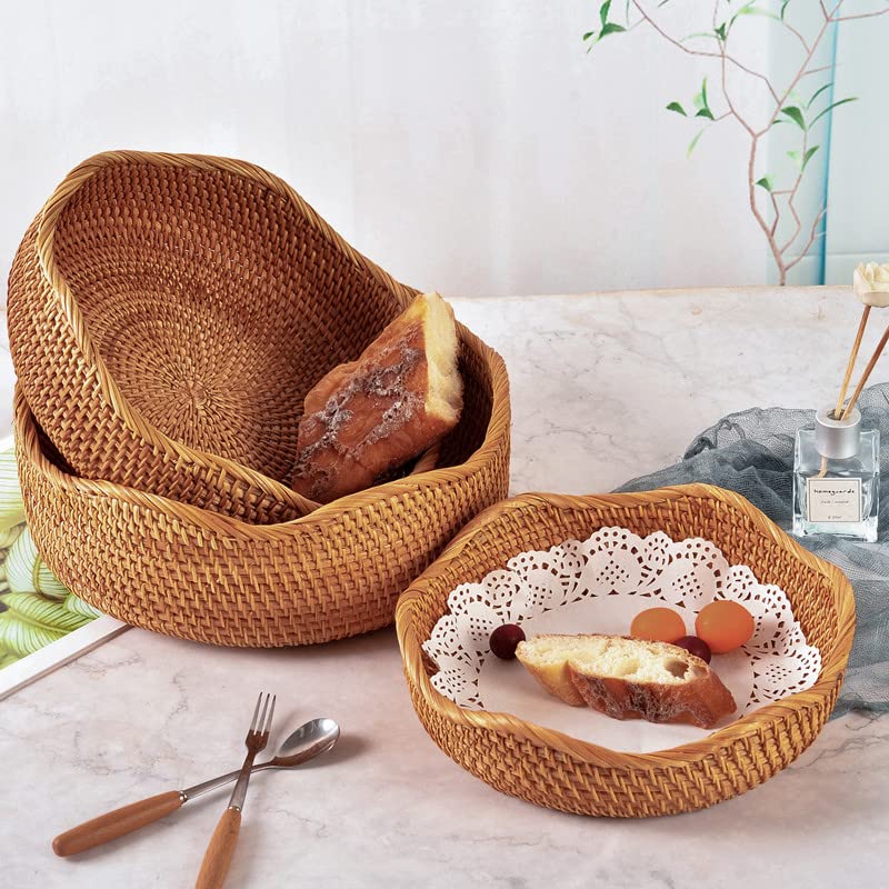 Set of 3 Natural Woven Serving Basket Bowls with Wave Edge