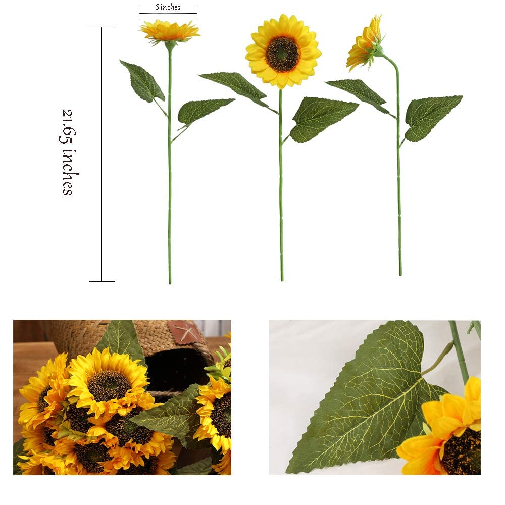 Artificial Sunflowers Long Stem 6PCS Dark Center Indoor/Outdoor