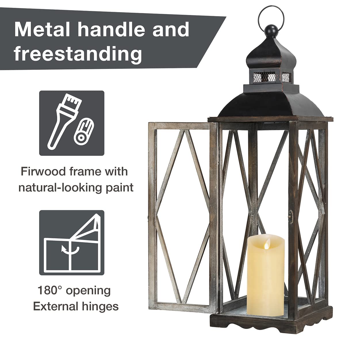 Decorative lantern with metal handle, freestanding design, firwood frame, and candle inside on a white background.