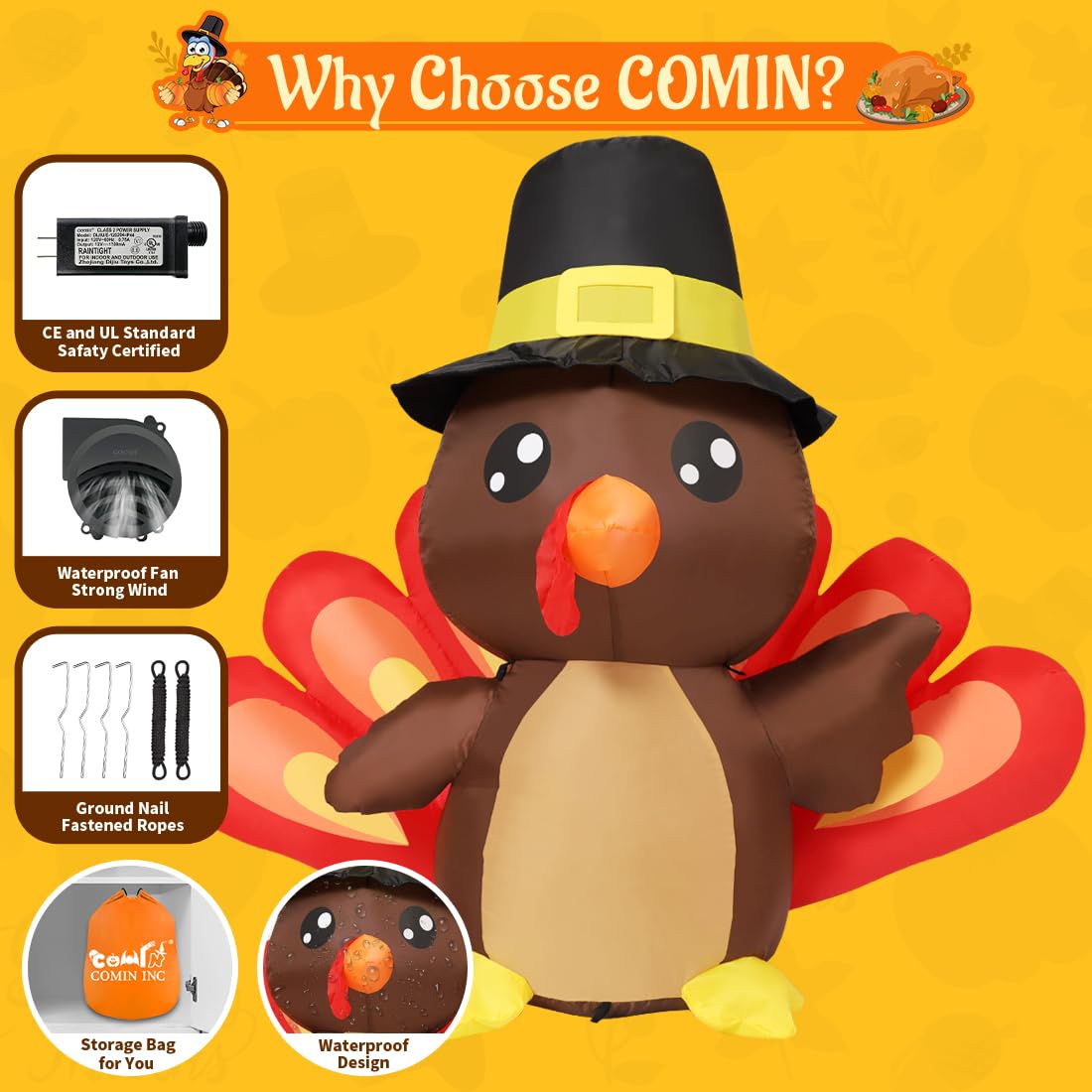 4FT Tall Thanksgiving Turkey Baby in Hat Inflatable with LEDs