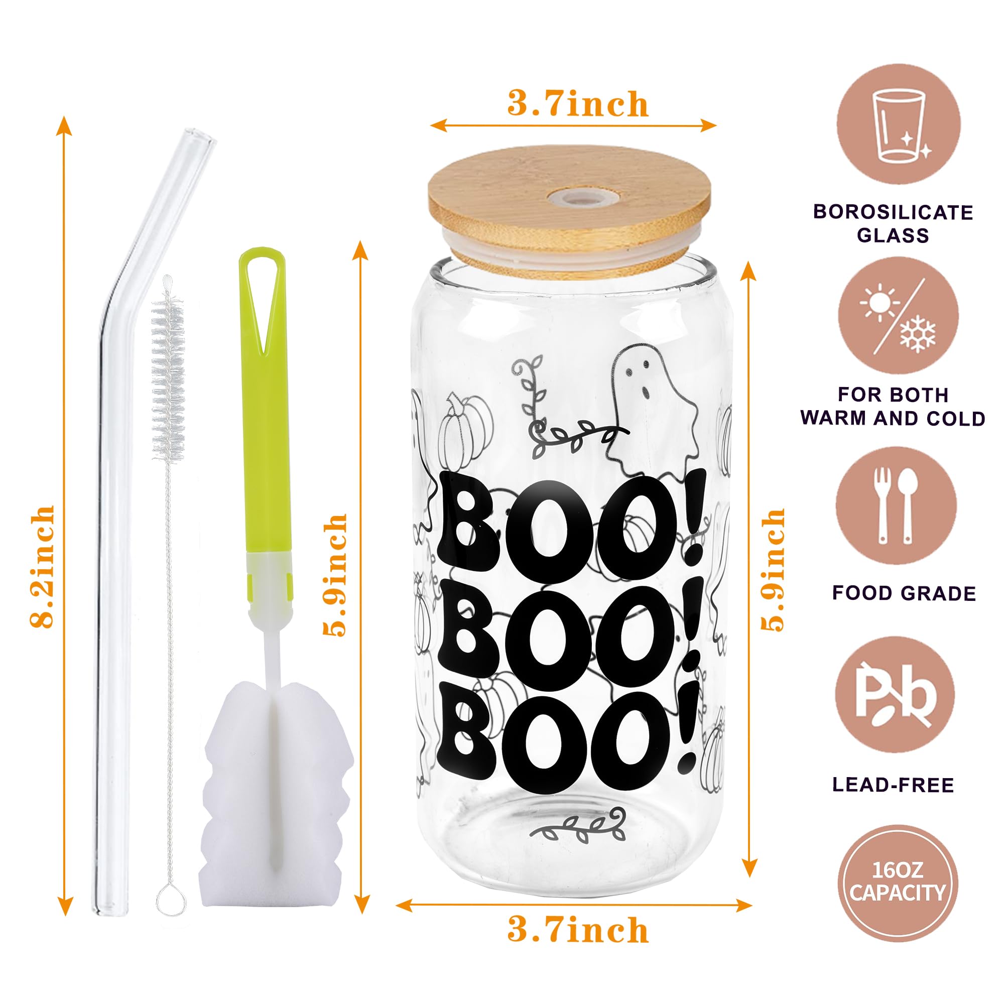 6 Pc Halloween Can Glass with Bamboo Lid 16oz