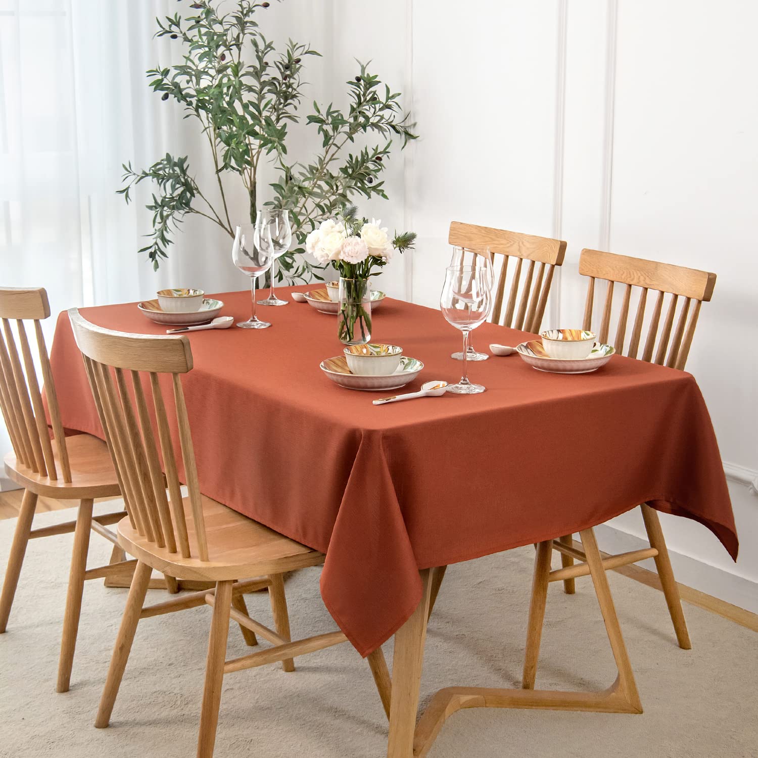 Textured Rust Color Rectangular Tablecloth Water Resistant & Antiwrinkle