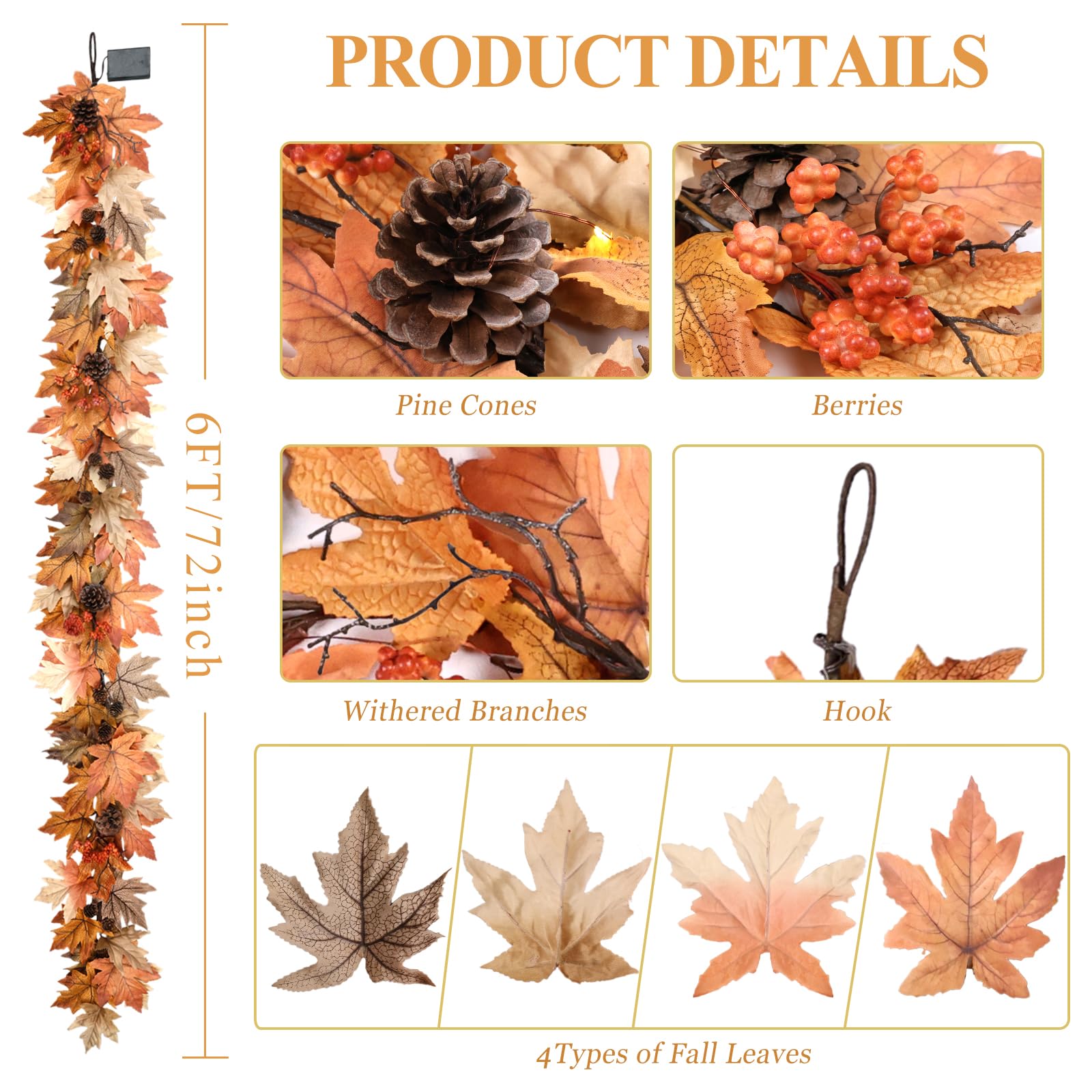 6 FT Fall Garland with Lights, Fall Leaves Garland with Berries & Pine Cones
