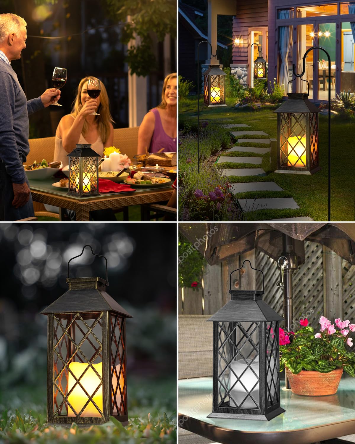 Collage of outdoor lanterns used in various settings including a dinner table, garden path, and patio.