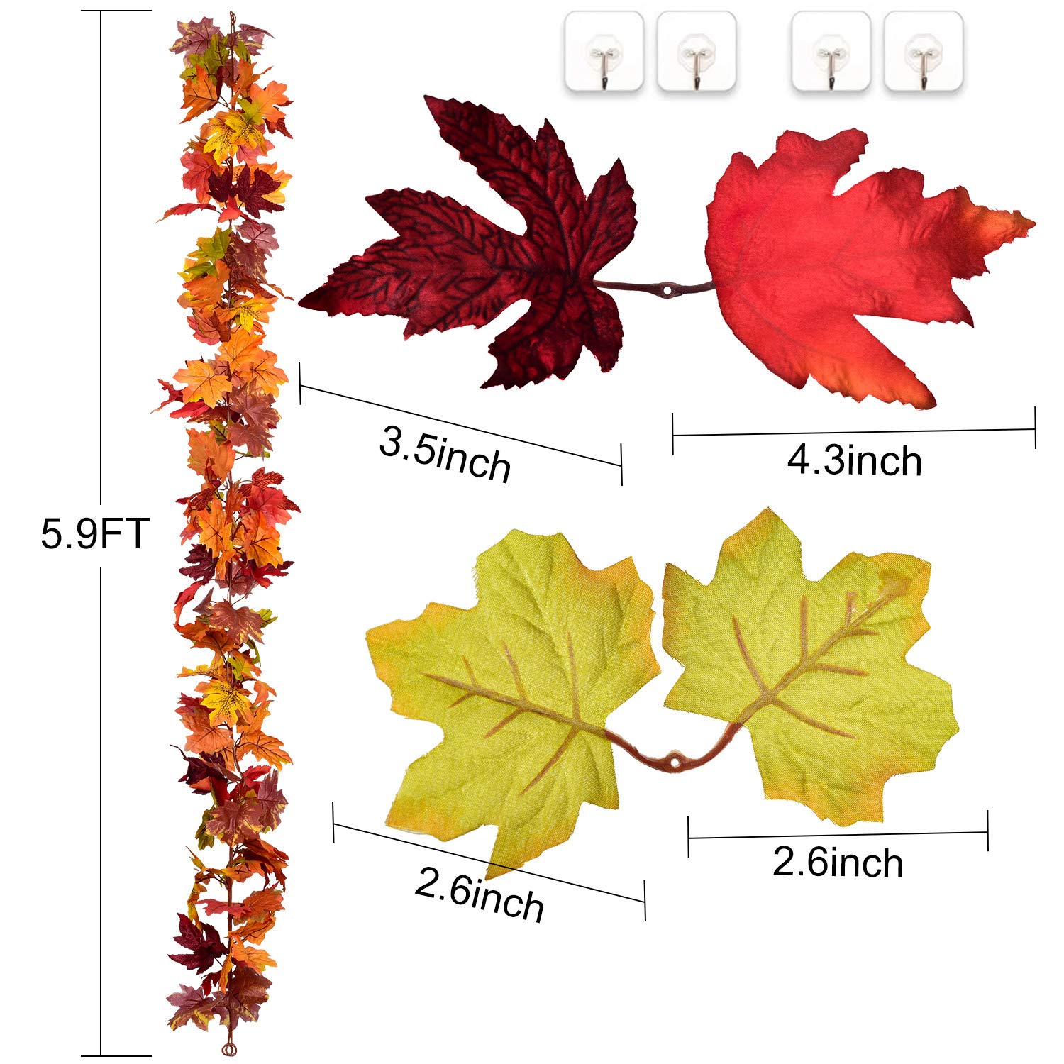 2 Pack Fall Garland Maple Leaf, 5.9Ft/Piece Hanging Vine Artificial Autumn Foliage