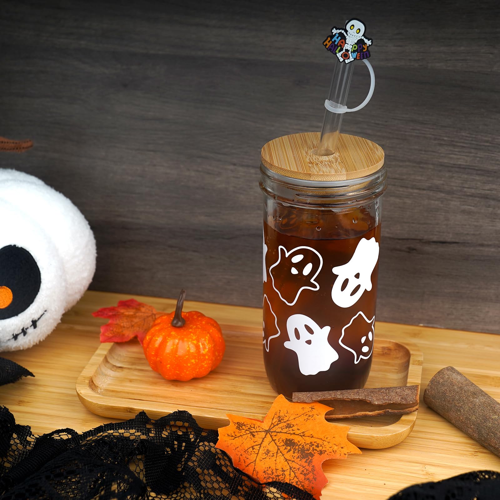 Ghost Halloween Cups, 24oz Glass Cups with Lids