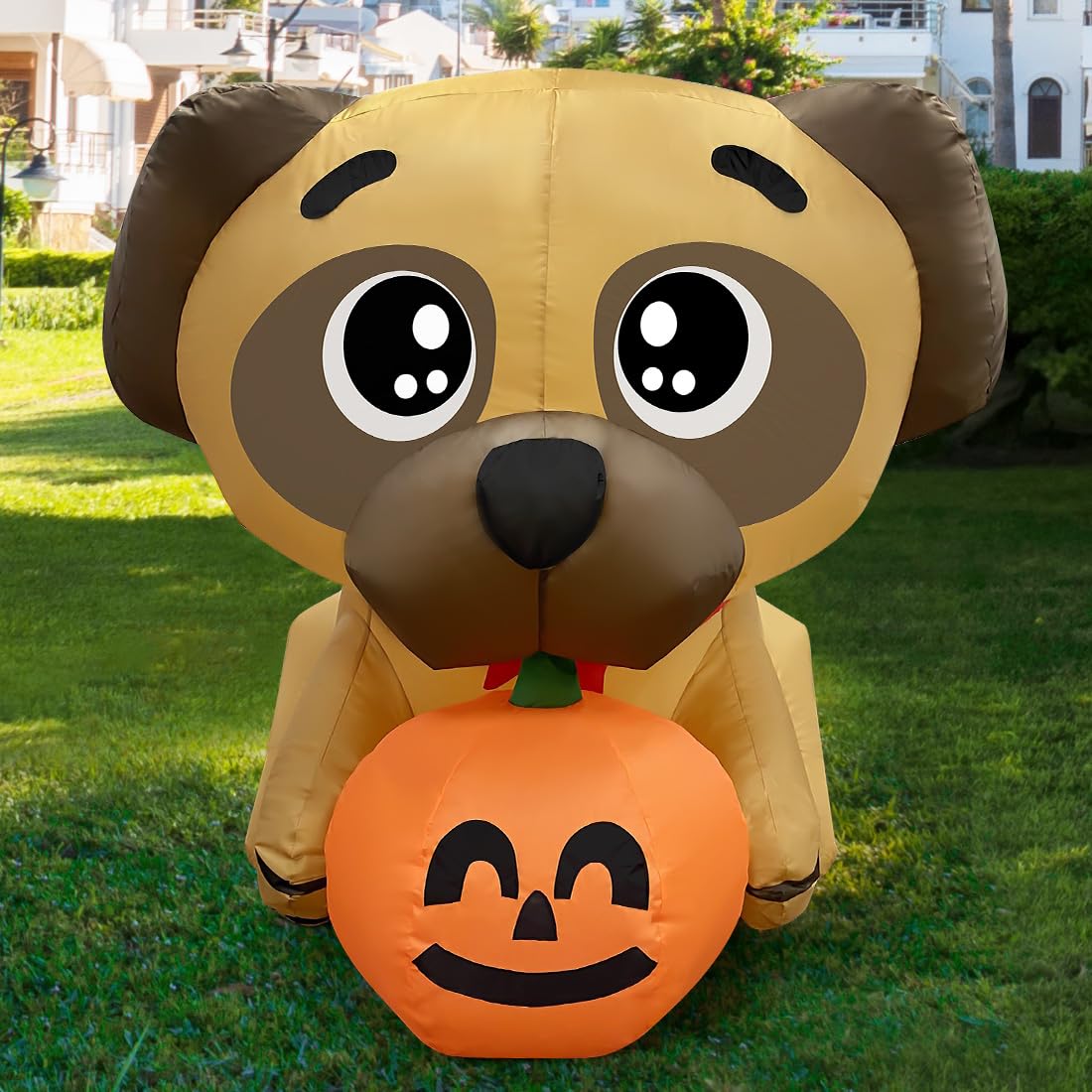 5 FT Pug Holding Pumpkin Inflatable with Built-in LEDs