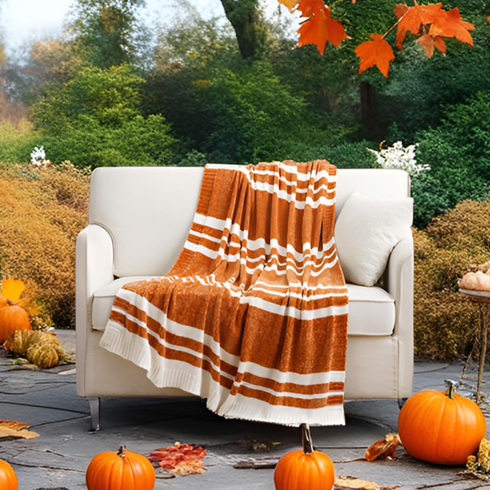 Burnt Orange & White Striped Throw Blanket for Couch, Chenille Knit Blanket