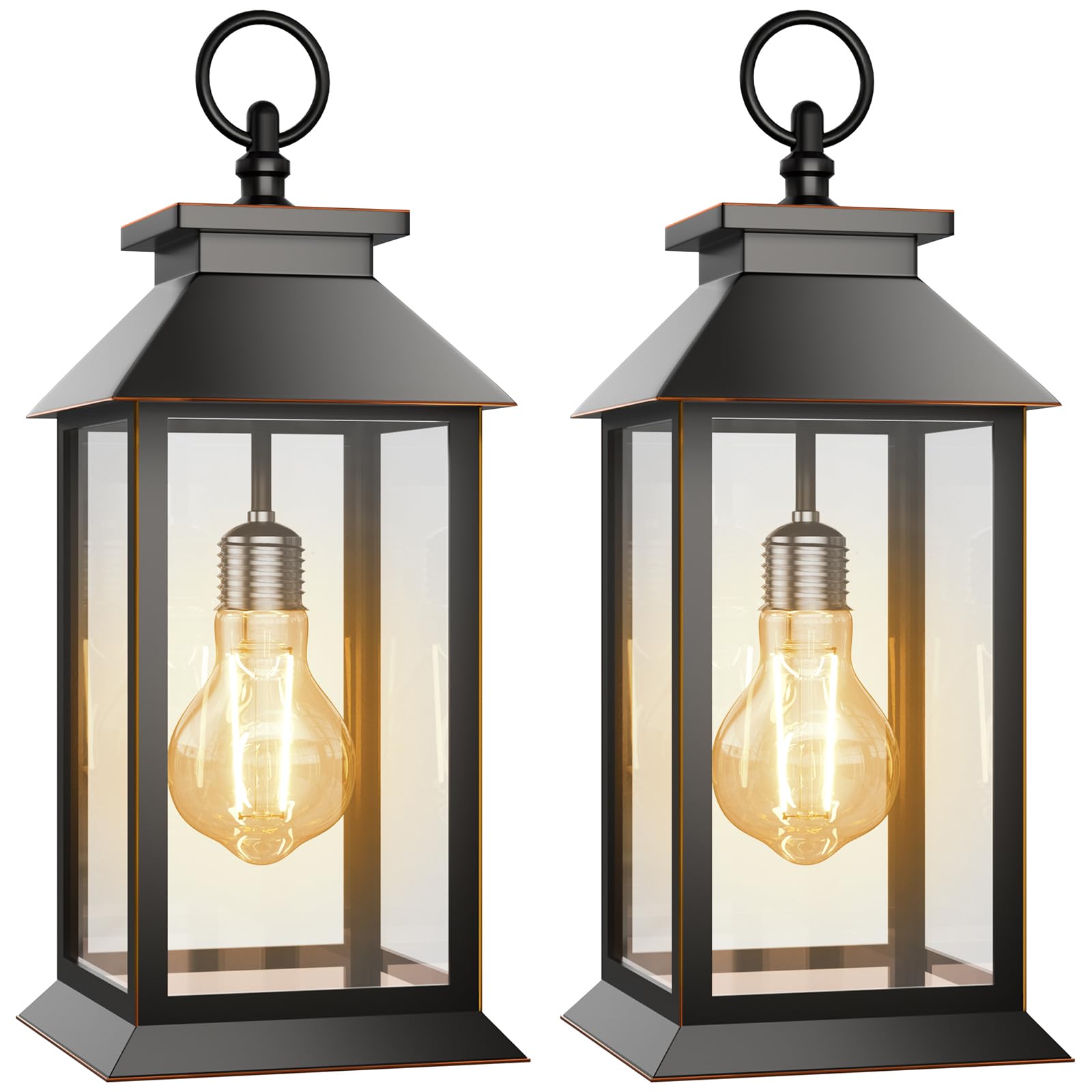 Two black outdoor lanterns with clear glass panels and lit bulbs on a white background.