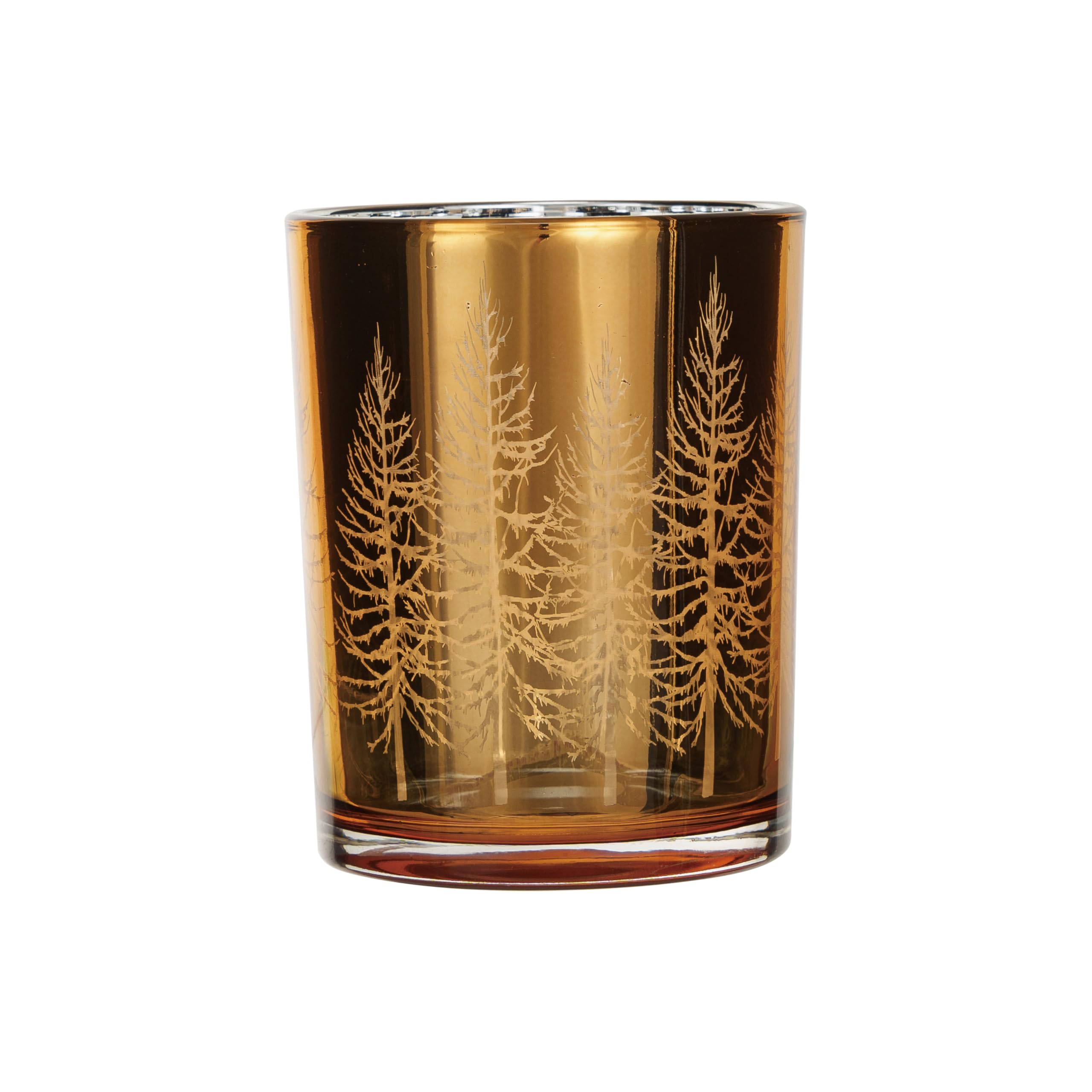 Mercury Glass Tealight/Votive Candleholder with Laser Etched Trees, Gold Finish