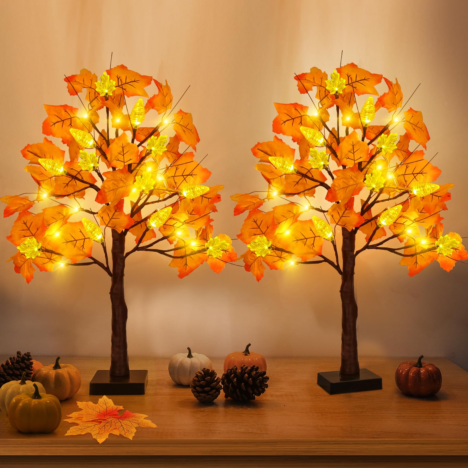 2 Pack Fall Maple Tree Decor with 48 LED Lights Battery Operated