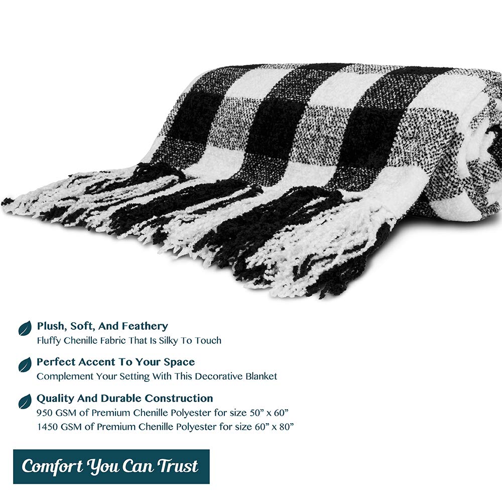 Soft Chenille Black and White Buffalo Plaid Checkered Knit Blanket