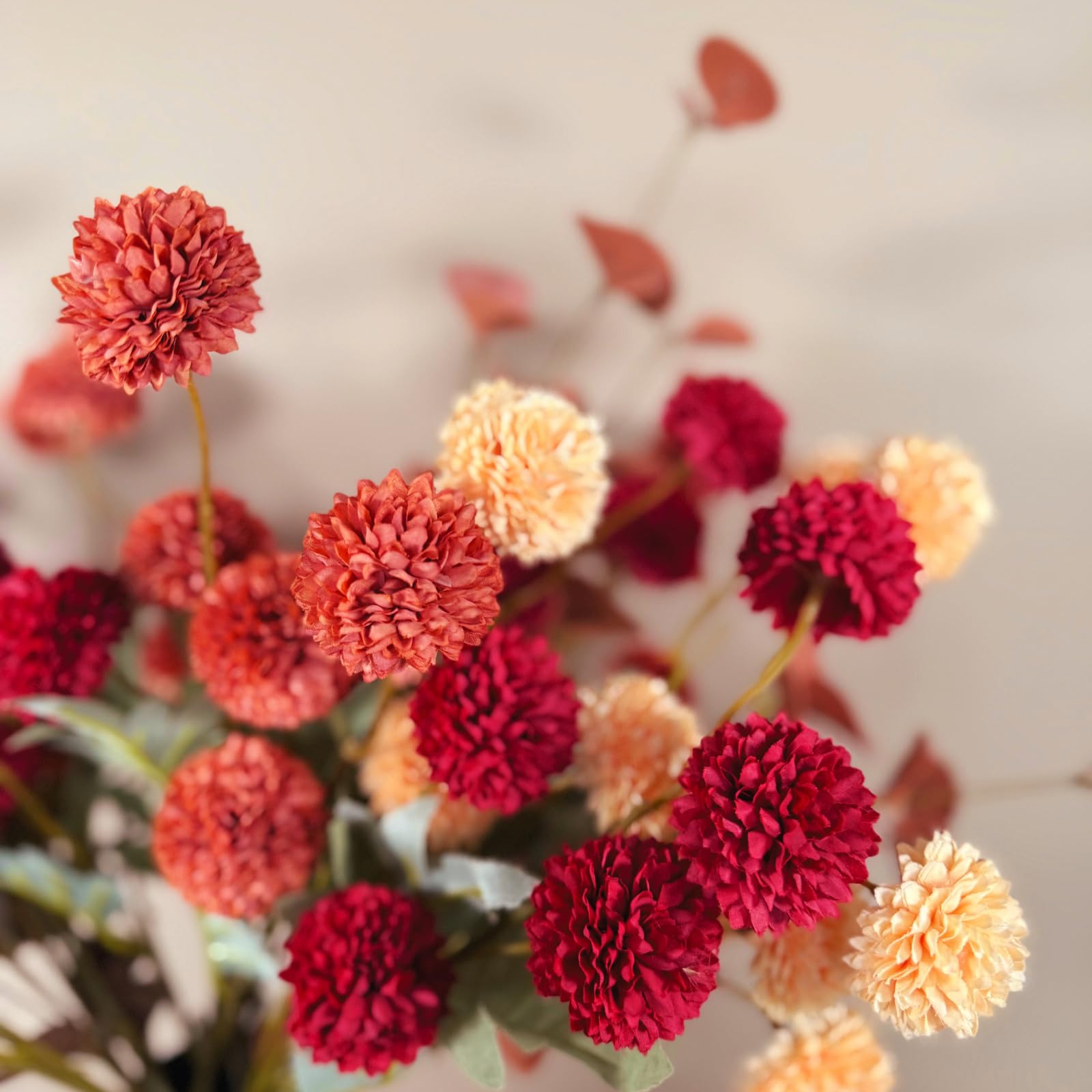 Burnt Orange Faux Fall Flowers 10 Stems + Eucalyptus, Fake Silk Mums