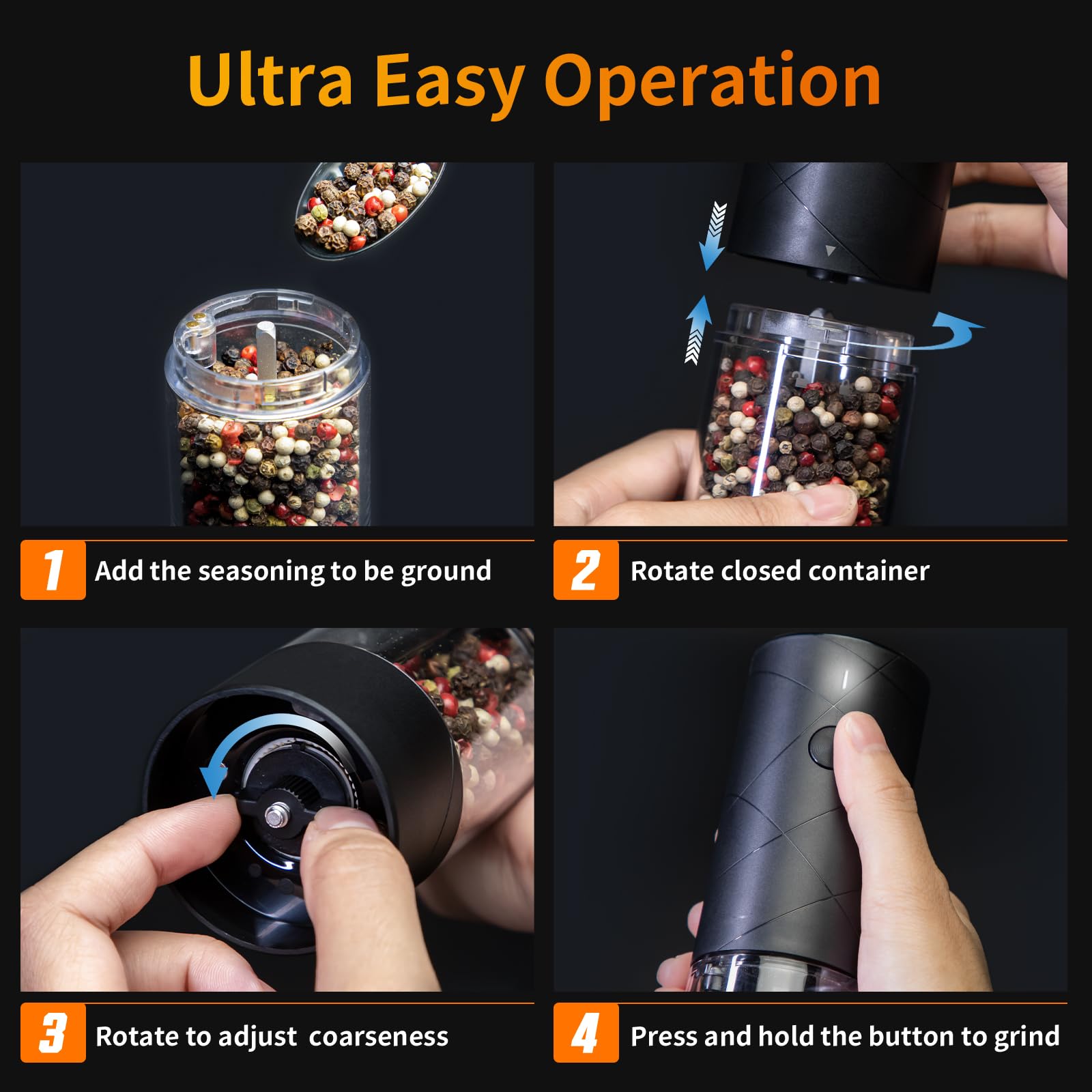 Easy operation electric salt and pepper grinder set