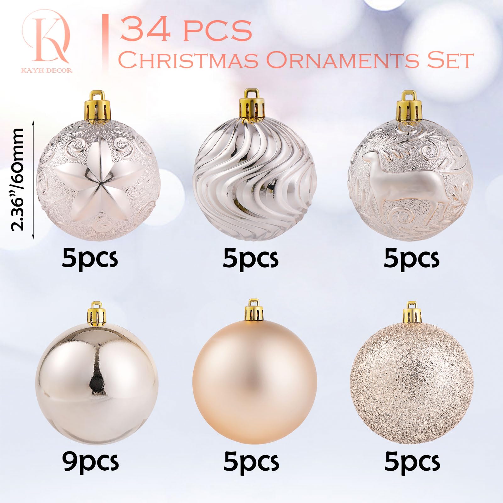 34ct Champagne Christmas Ball Ornaments Shatterproof Plastic - Design Details