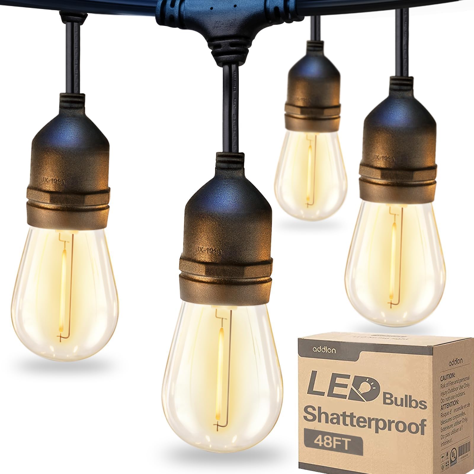 LED Outdoor String Lights 48FT with Edison Vintage Bulbs