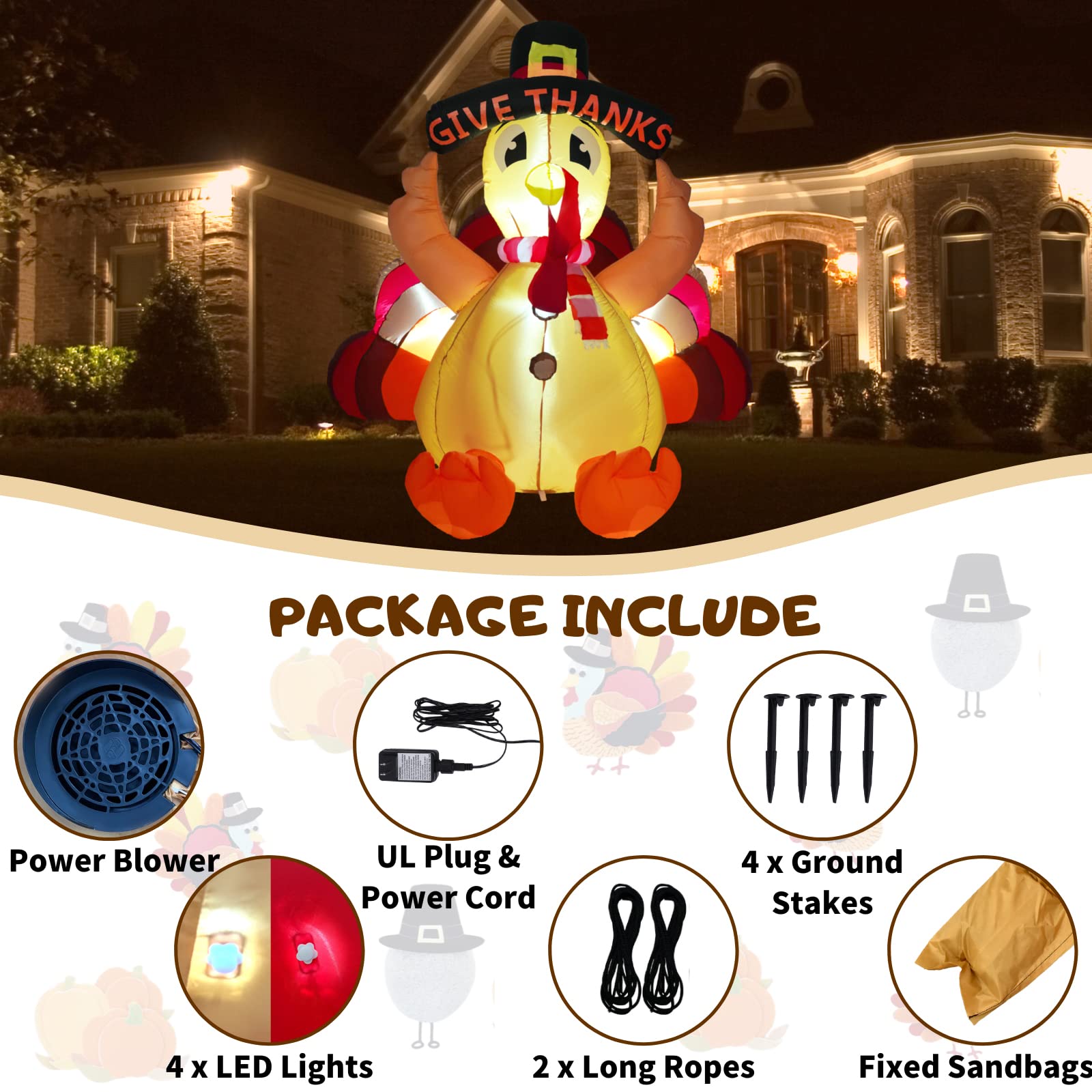 Buheco Thanksgiving Inflatable Turkey Lawn Decoration 6ft Giant Blow Up Turkey Inflatables Outdoor Yard Decorations with Pilgrim Hat Led Light for Happy Fall Holiday Indoor Outside Autumn Home Decor