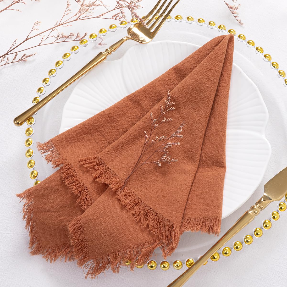 Handmade Cloth Napkins with Fringe (Set of 10, Terracotta)