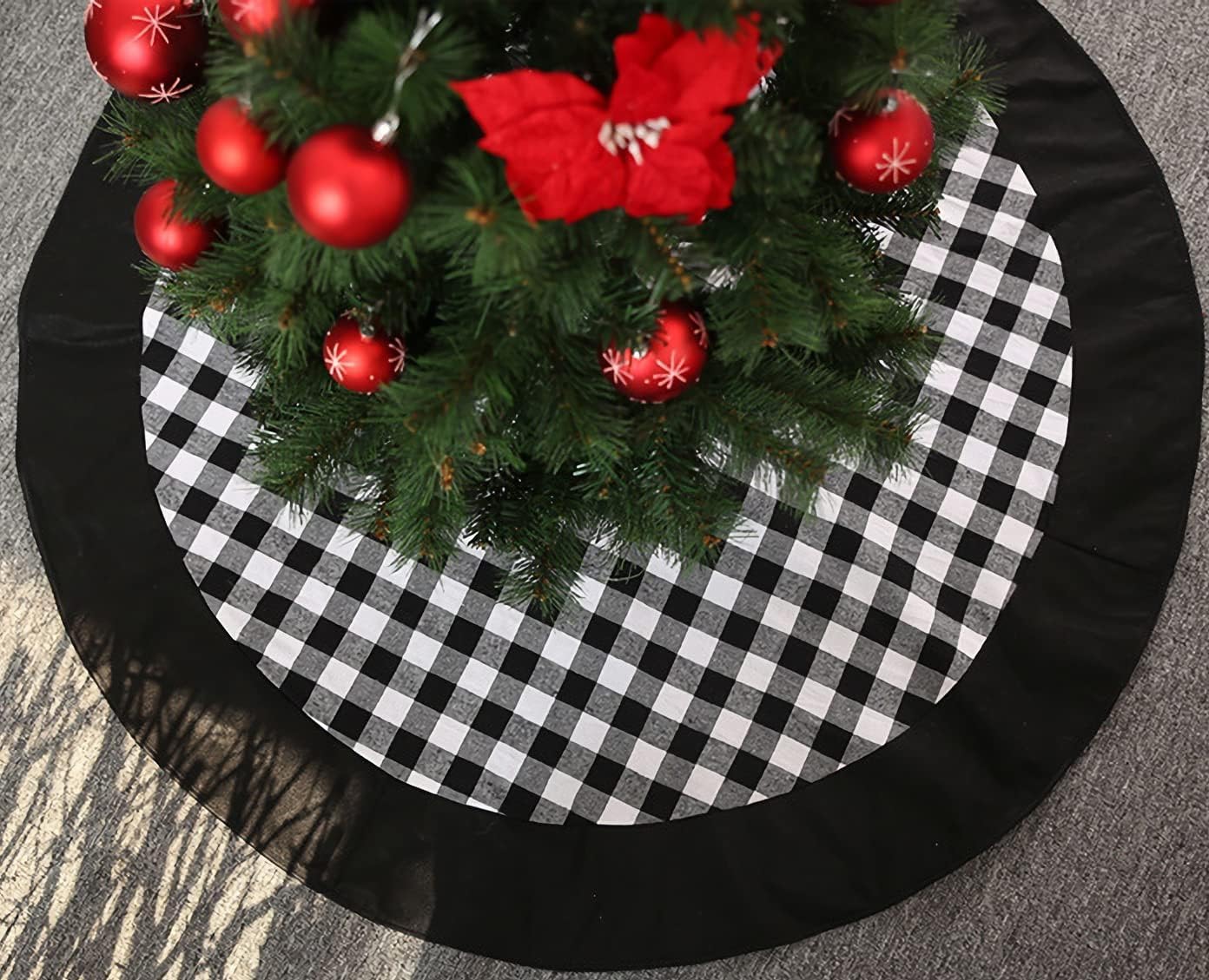 Medoore Black and White Buffalo Plaid Check Christmas Tree Skirt 48 inches, Country Xmas Tree Decorations Tree Skirts Double Layers Holiday Ornaments