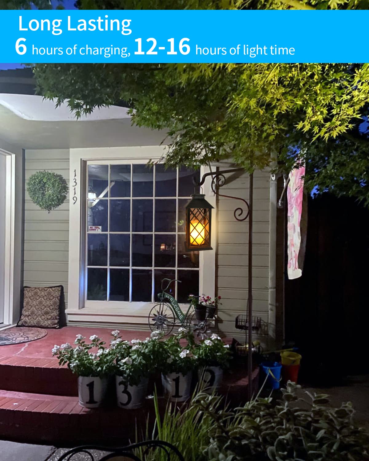 Outdoor setting with a lantern on porch and plants, featuring text about light duration.