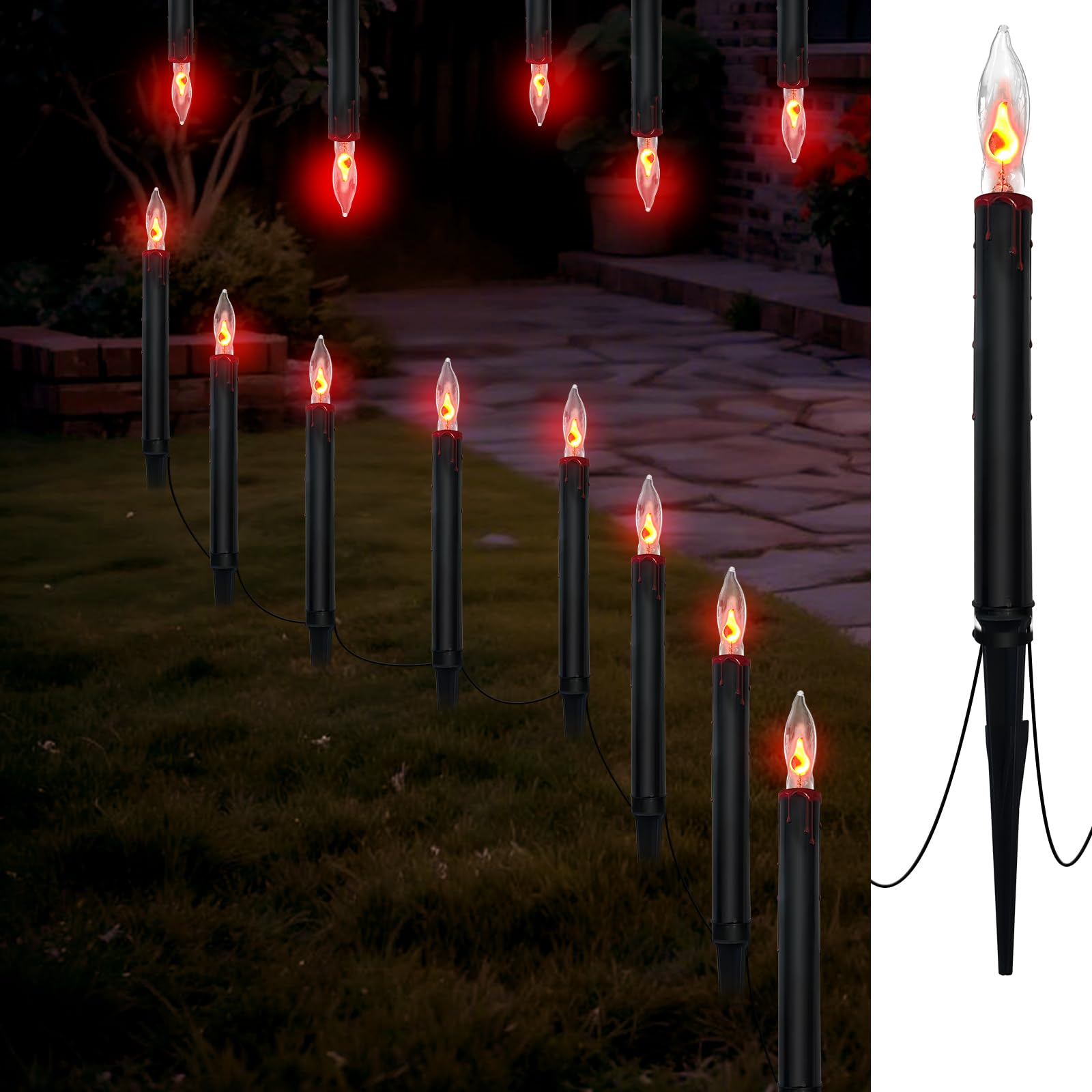 19.5Ft 10 Flicker Flame Black Candles Stakes Outdoor Pathway Lights Waterproof