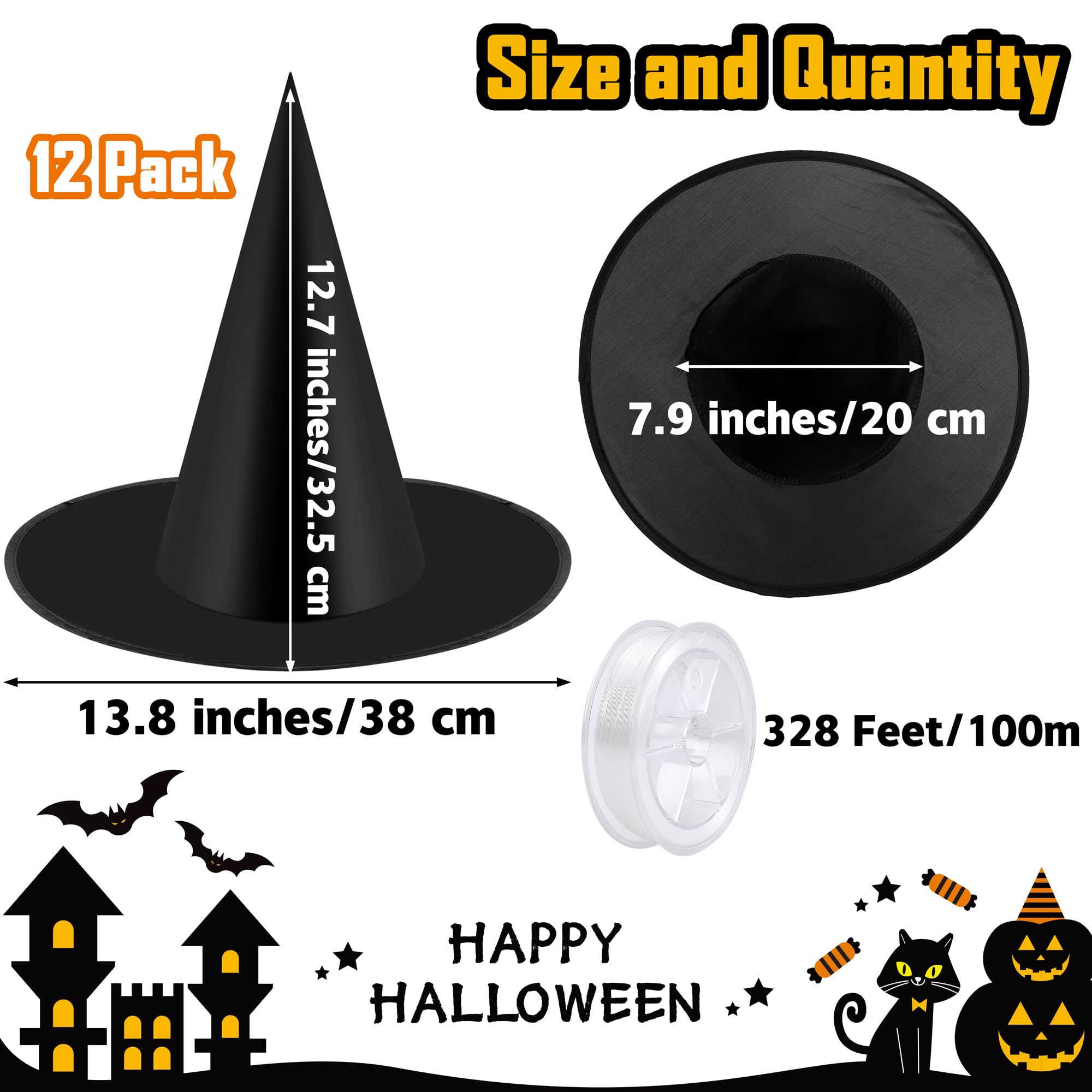 12 Pieces Halloween Costume Witch Hat with 100 Yards Hanging Rope for Halloween Yard Decoration