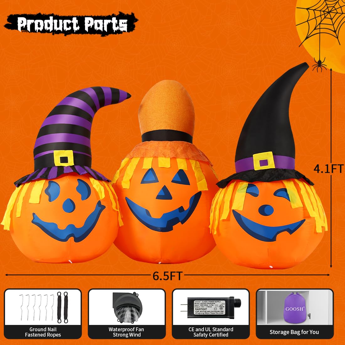 Halloween Inflatable Outdoor Pumpkins with Wizard Hats dimensions