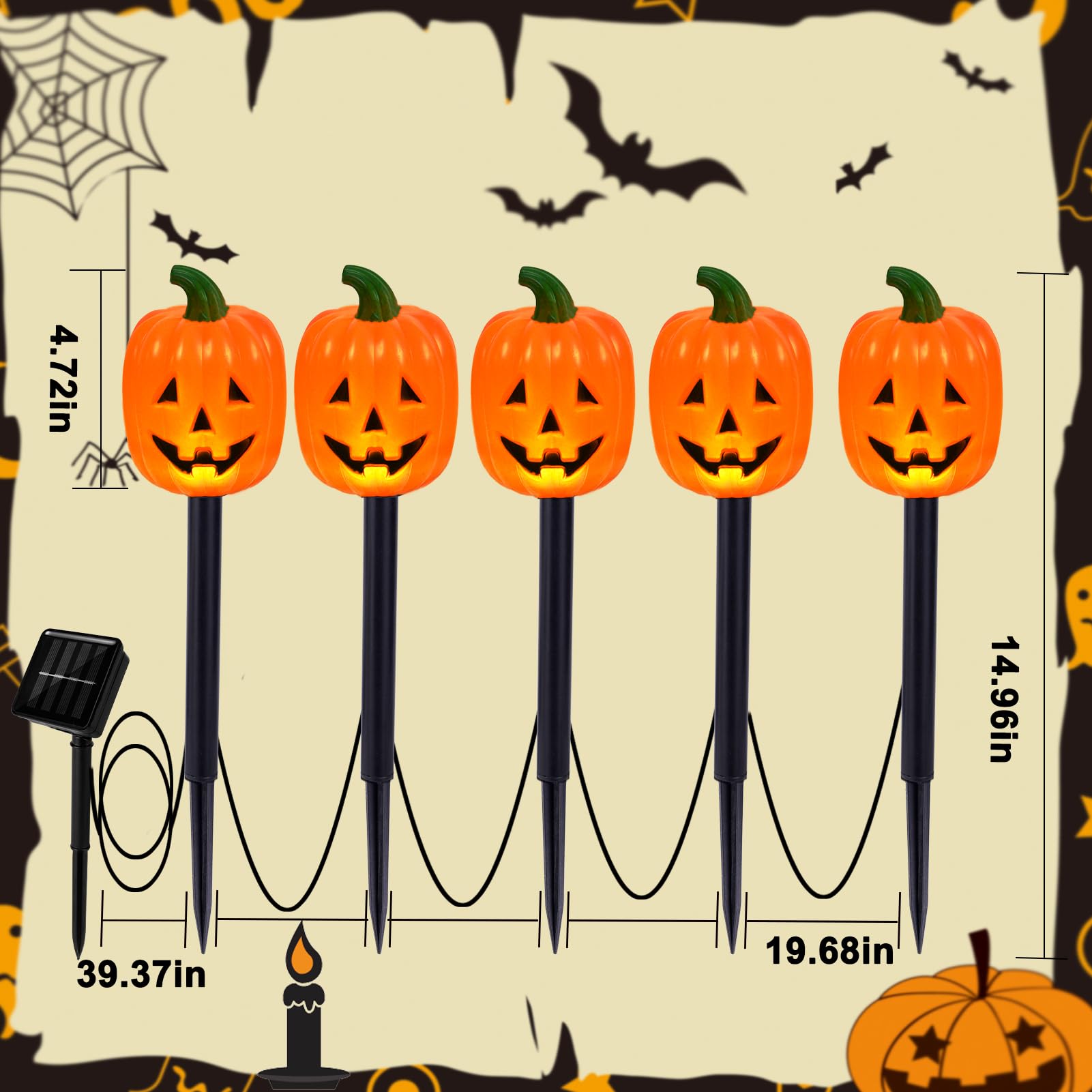 Set of 10 Halloween Pumpkin Stake Lights, Decorative Solar Pumpkin Lights