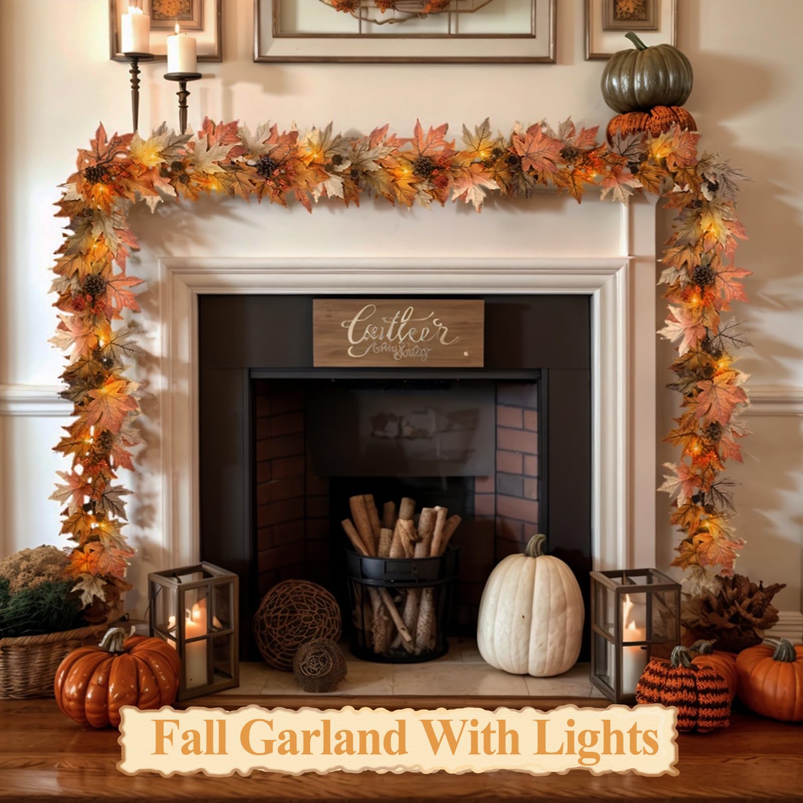6 FT Fall Garland with Lights, Fall Leaves Garland with Berries & Pine Cones
