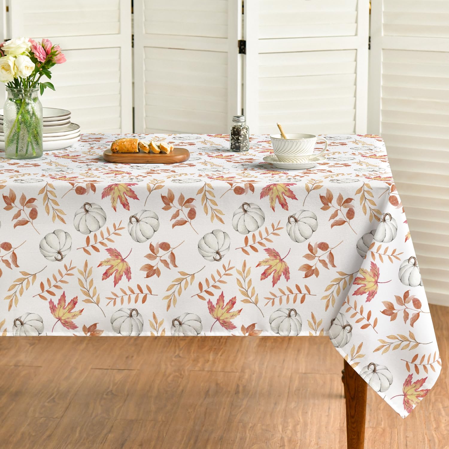 Fall Tablecloth, Thanksgiving Autumn Harvest White Pumpkin Orange Leaf