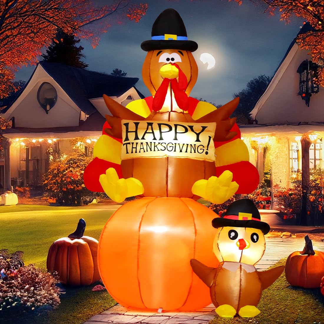 6 FT Thanksgiving Inflatable Turkey, Pumpkin & Turkey Baby