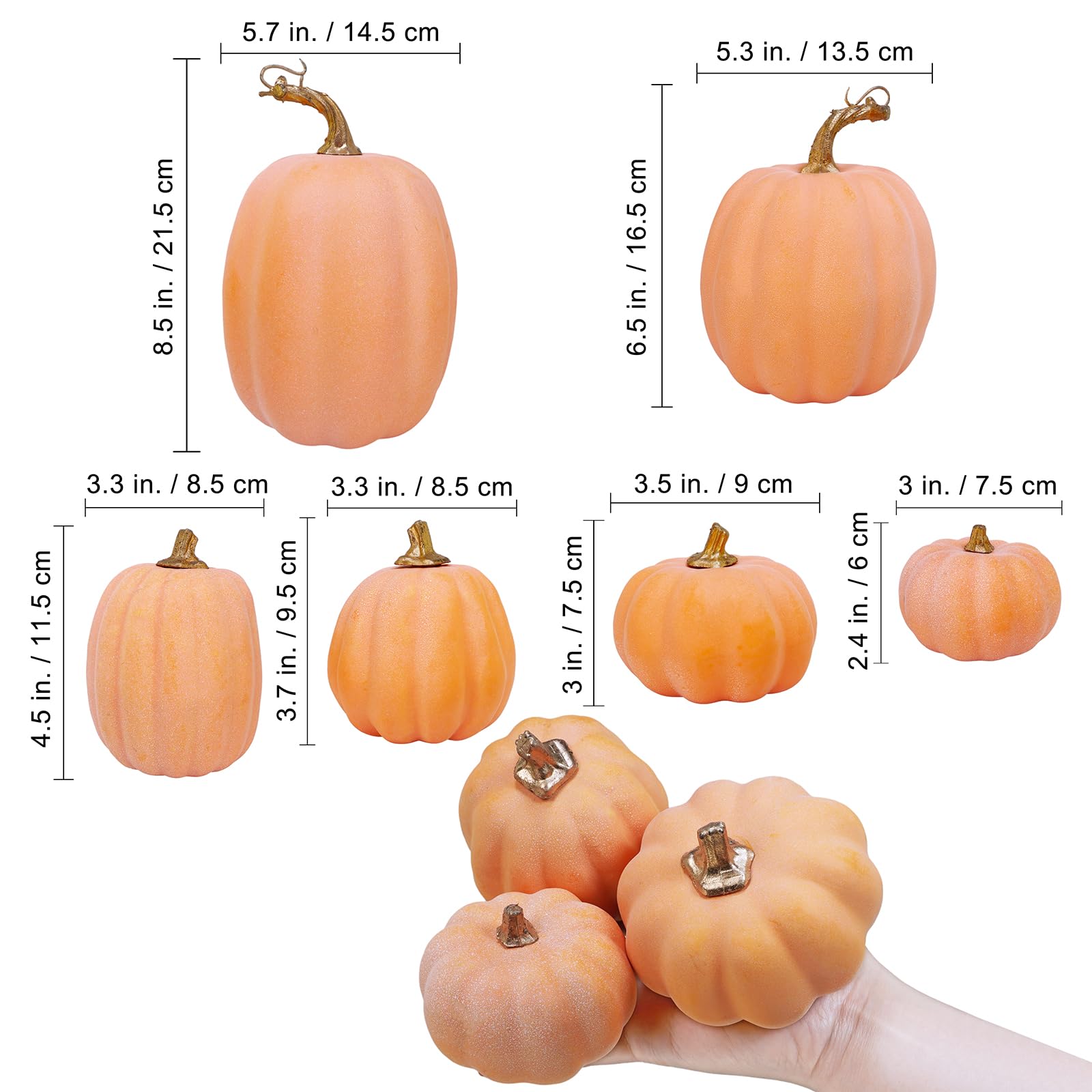 10 Pcs Assorted Artificial Light Orange Faux Pumpkins