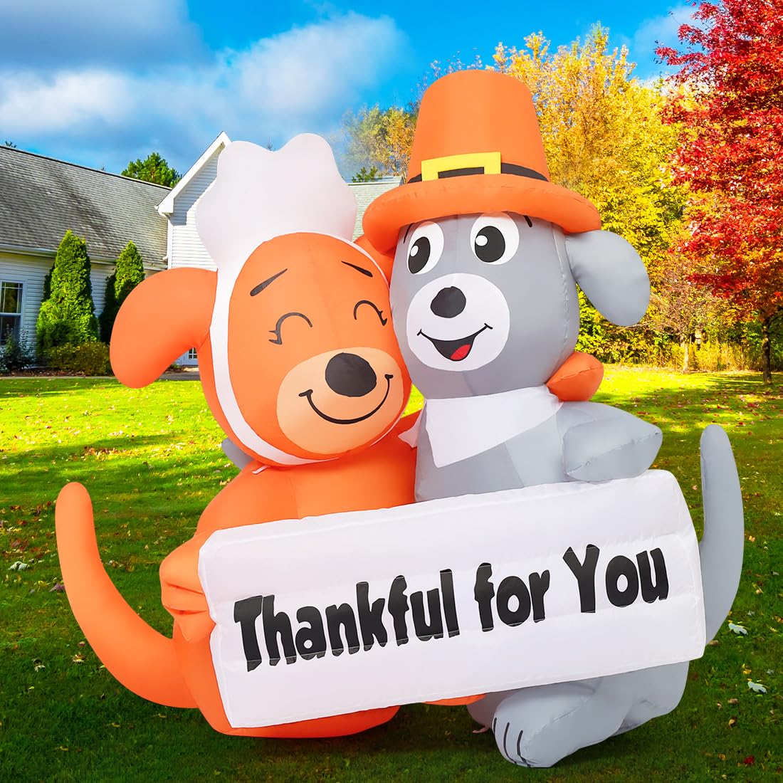 COMIN 4.3 FT Thanksgiving Inflatables Dog Outdoor Decorations Blow Up Yard Couple with Built-in LEDs for Indoor Party Garden Lawn Decorations