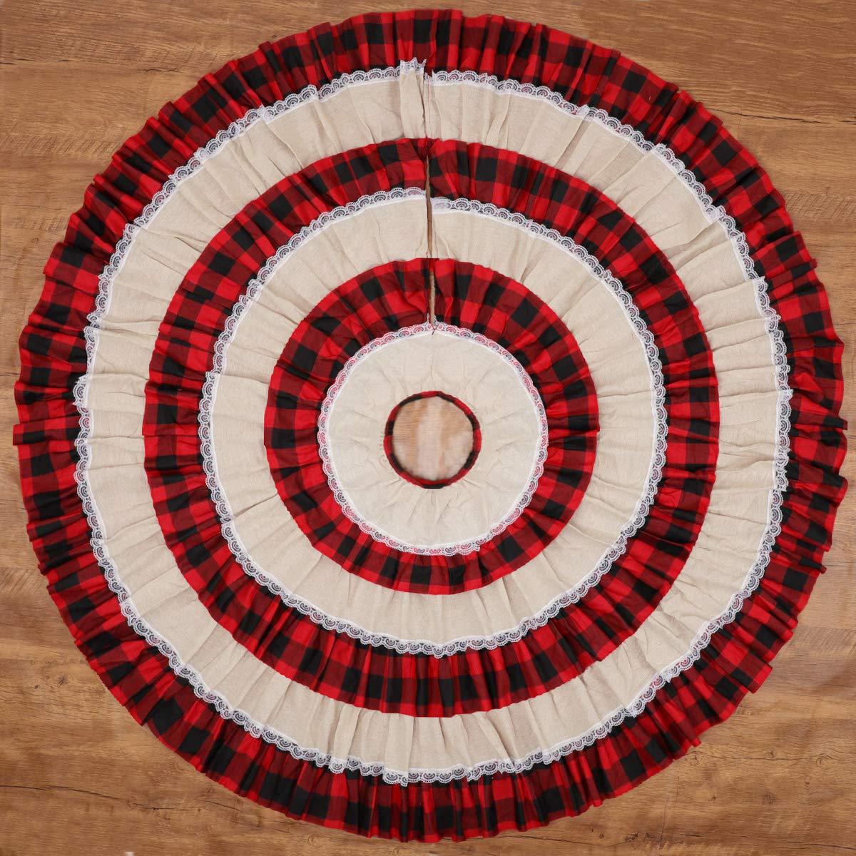 yuboo Buffalo Christmas Tree Skirt, 48 inches Plaid&Burlap Lace Ruffle 6-Layer Farmhouse Fall Ornaments for Buffalo Plaid Christmas Decor