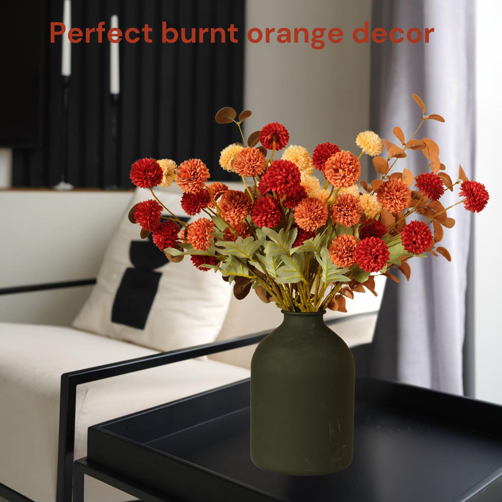 Burnt Orange Faux Fall Flowers 10 Stems + Eucalyptus, Fake Silk Mums