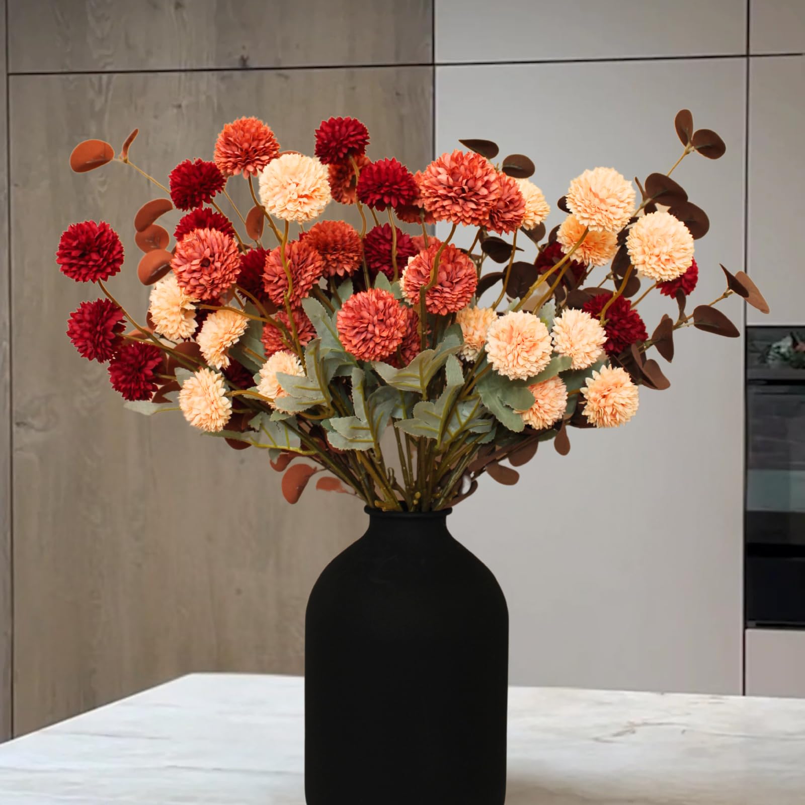 Burnt Orange Faux Fall Flowers 10 Stems + Eucalyptus, Fake Silk Mums