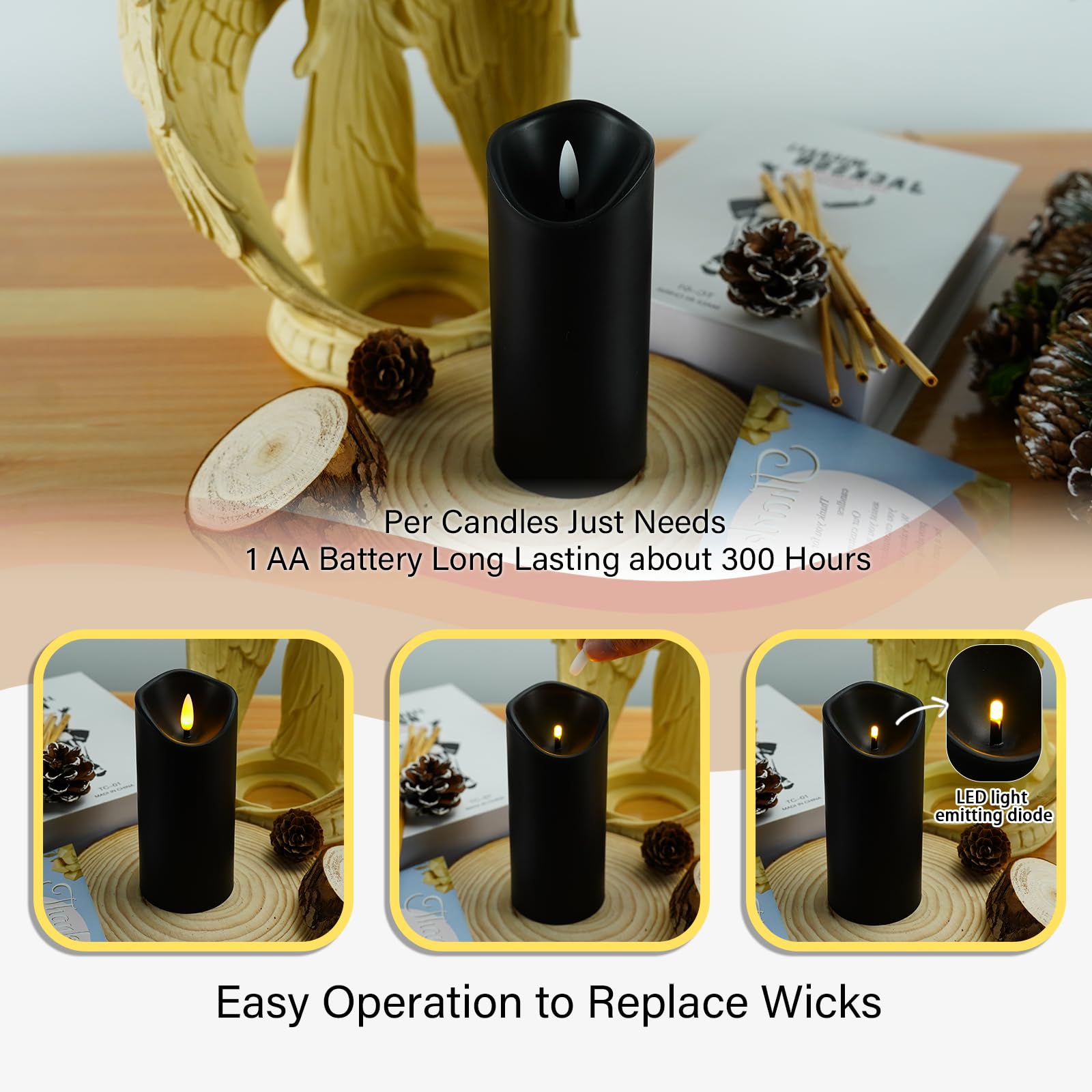 Flickering Flameless Candles, Battery Operated, Set of 9 (Black)