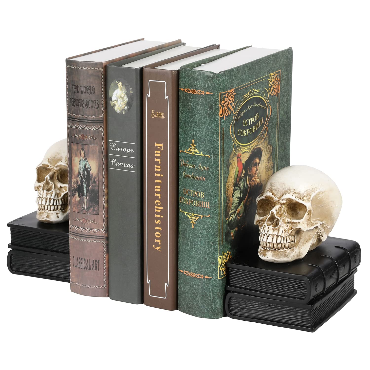 Vintage Style Skull on Black Stacked Books Decorative Bookends 1 Pair