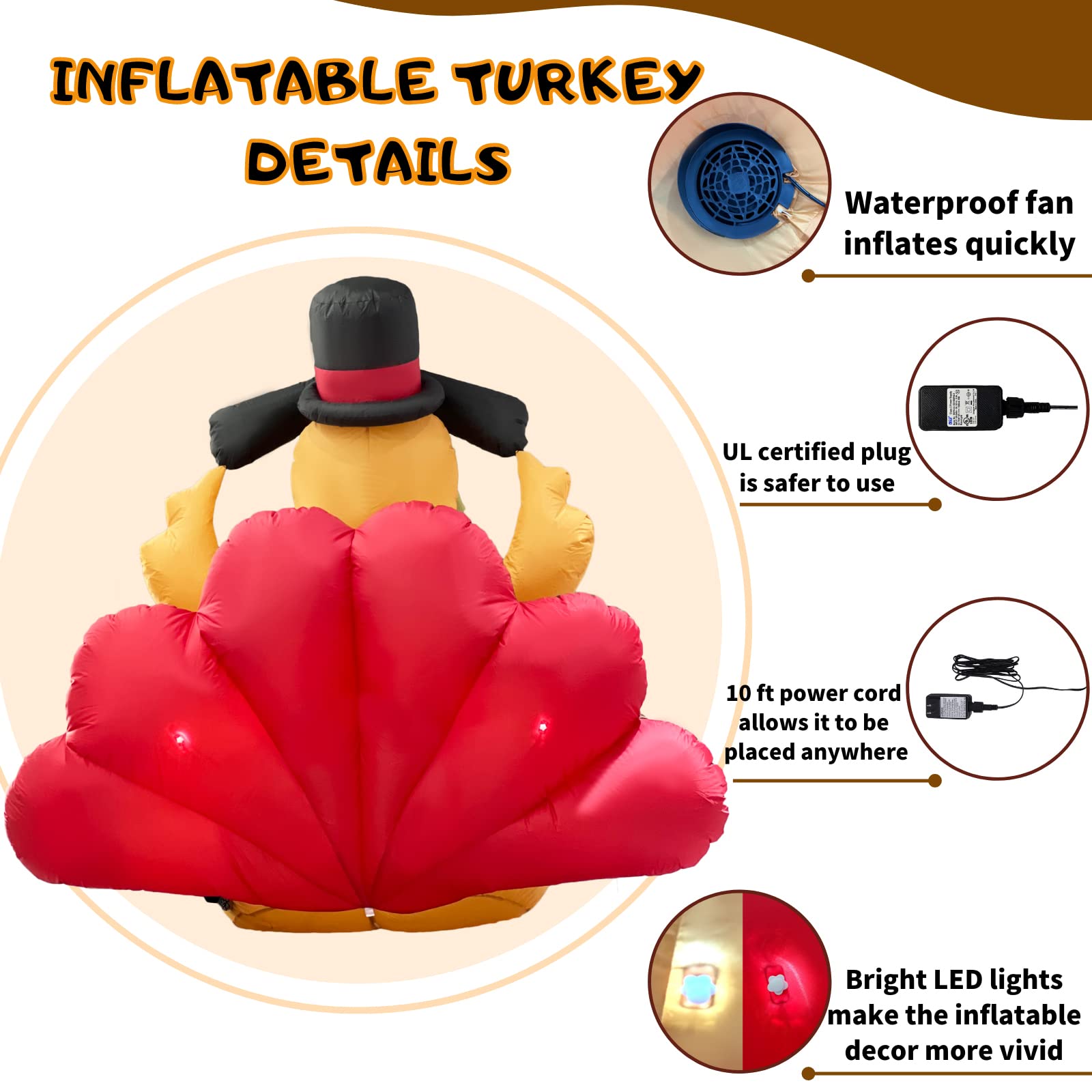 Buheco Thanksgiving Inflatable Turkey Lawn Decoration 6ft Giant Blow Up Turkey Inflatables Outdoor Yard Decorations with Pilgrim Hat Led Light for Happy Fall Holiday Indoor Outside Autumn Home Decor