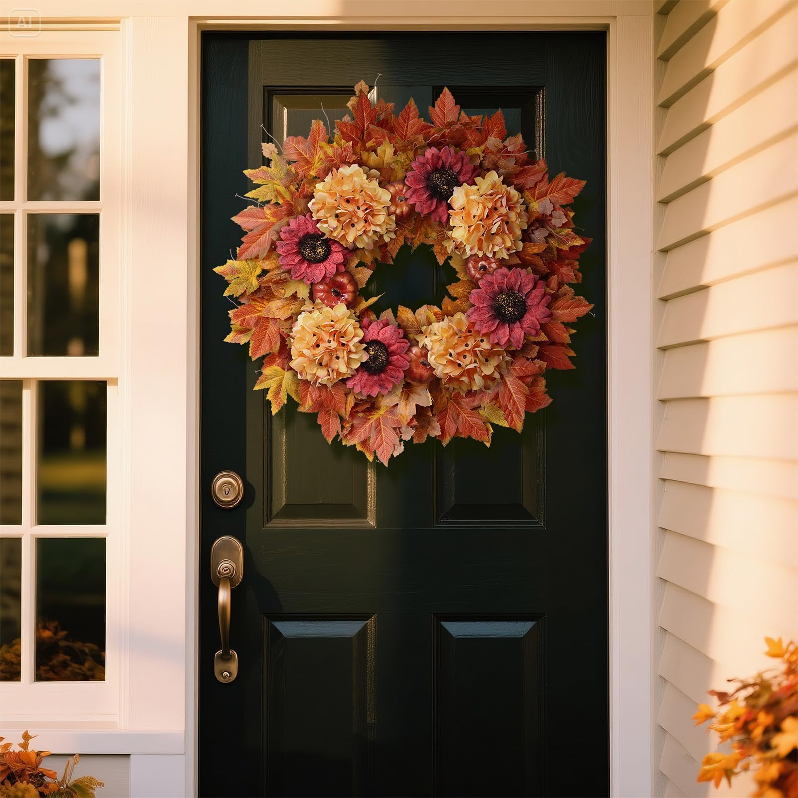28'' Large Fall Wreath with Artificial Maple Leaves & Faux Sunflower Indoor/Outdoor