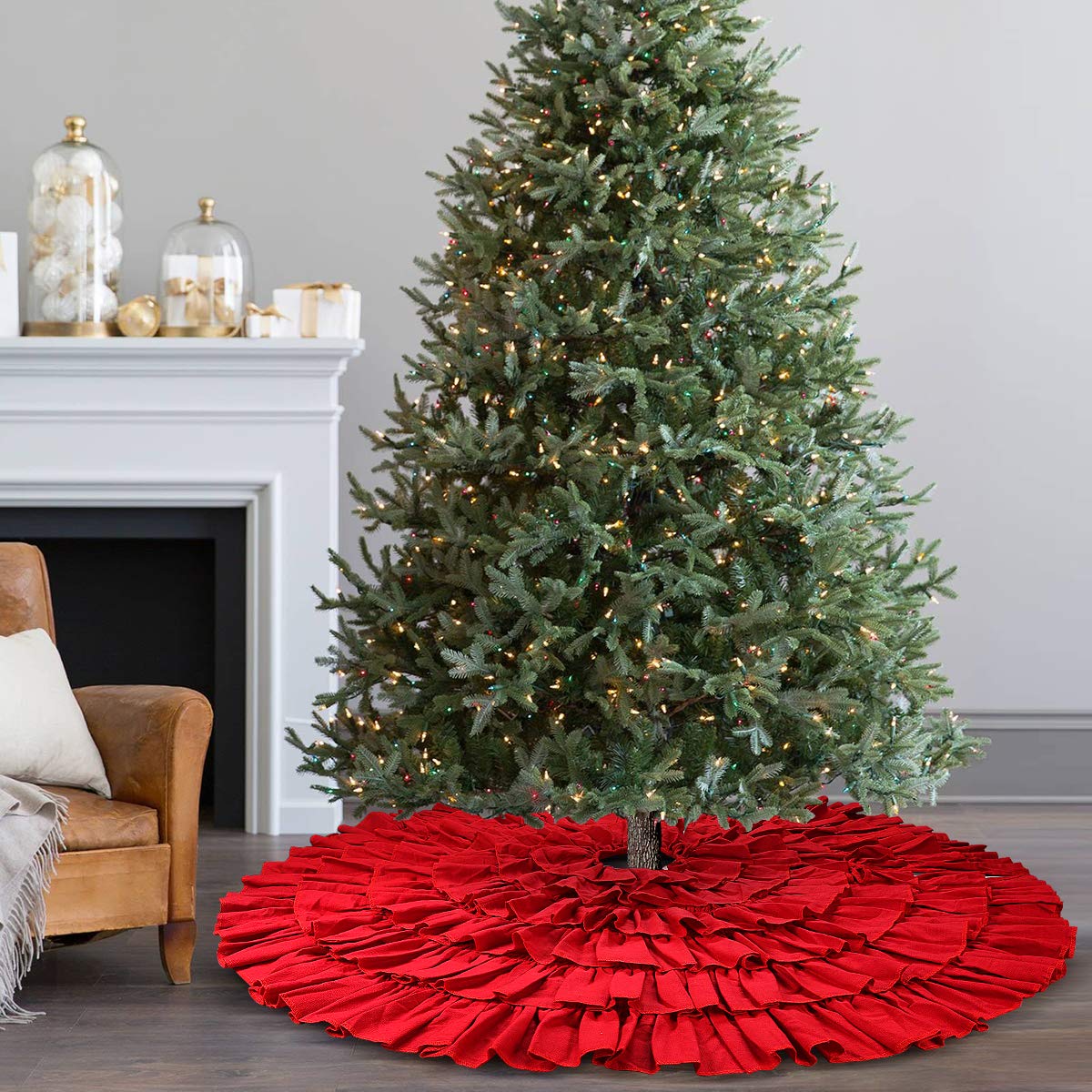 yuboo Red Ruffle Christmas Tree Skirt for Artificial Trees, 48 inches 6-Layer Fluffy Large Tree Skirt for Rustic Farmhouse Christmas Decorations&Ornaments for Holiday Party