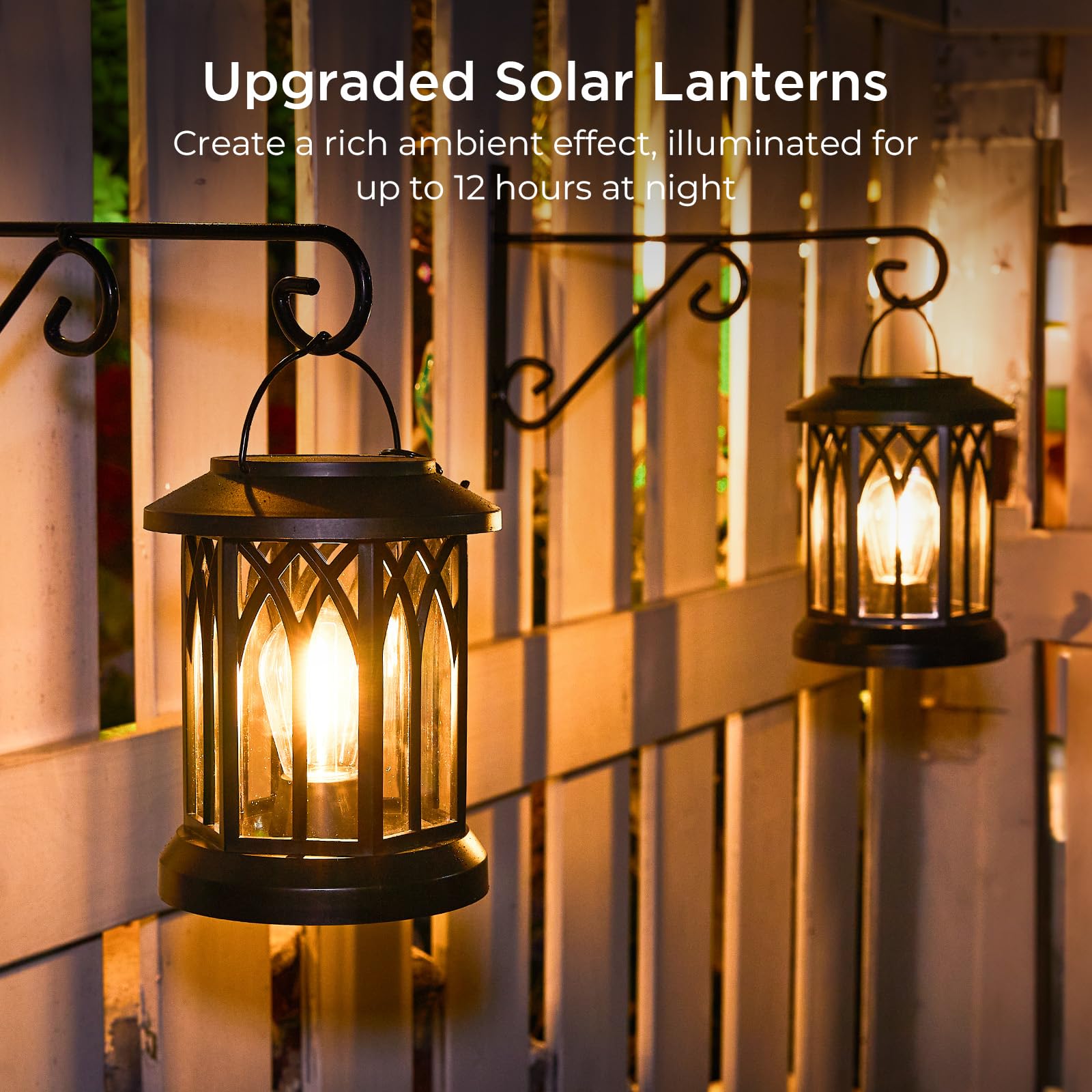 Solar lanterns hanging on a metal fence with text about their features.