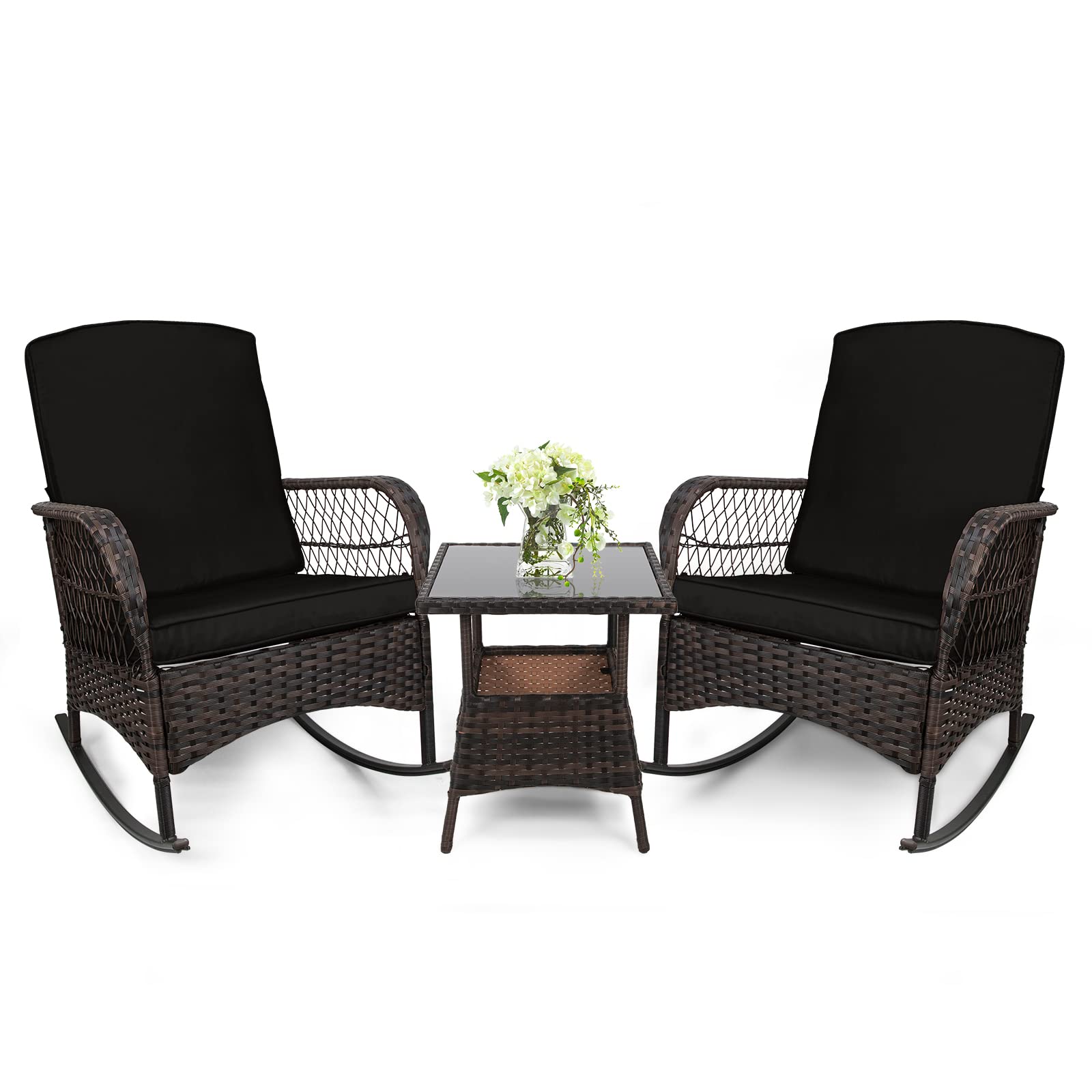 3 pcs Black Outdoor Rocking Bistro Set - Wicker Rocking Chairs