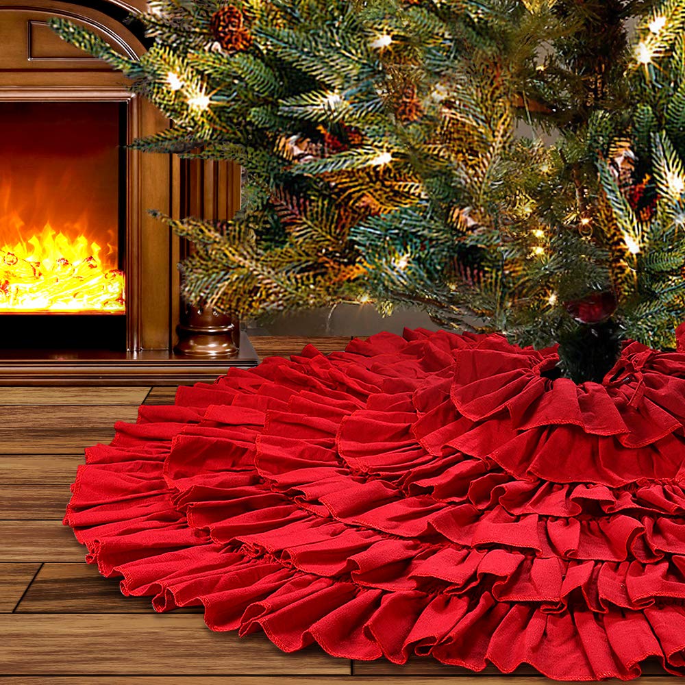 yuboo Red Ruffle Christmas Tree Skirt for Artificial Trees, 48 inches 6-Layer Fluffy Large Tree Skirt for Rustic Farmhouse Christmas Decorations&Ornaments for Holiday Party