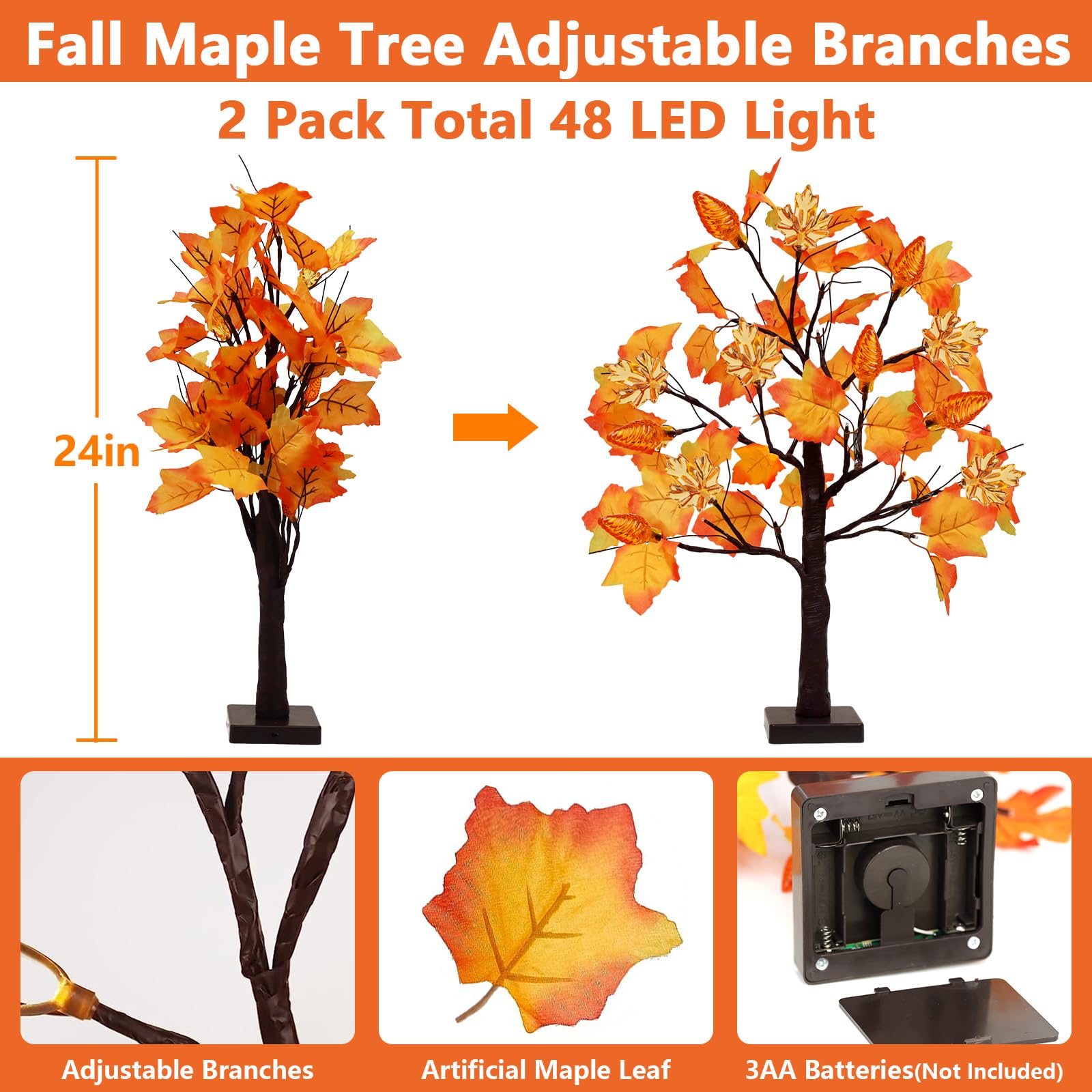 2 Pack Fall Maple Tree Decor with 48 LED Lights Battery Operated